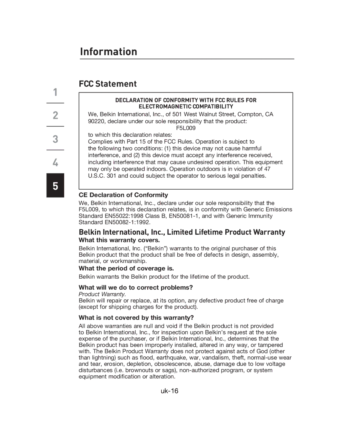 Belkin F5L009EA user manual Information 