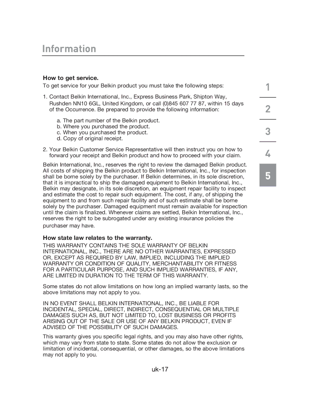 Belkin F5L009EA user manual Information, How to get service, How state law relates to the warranty 