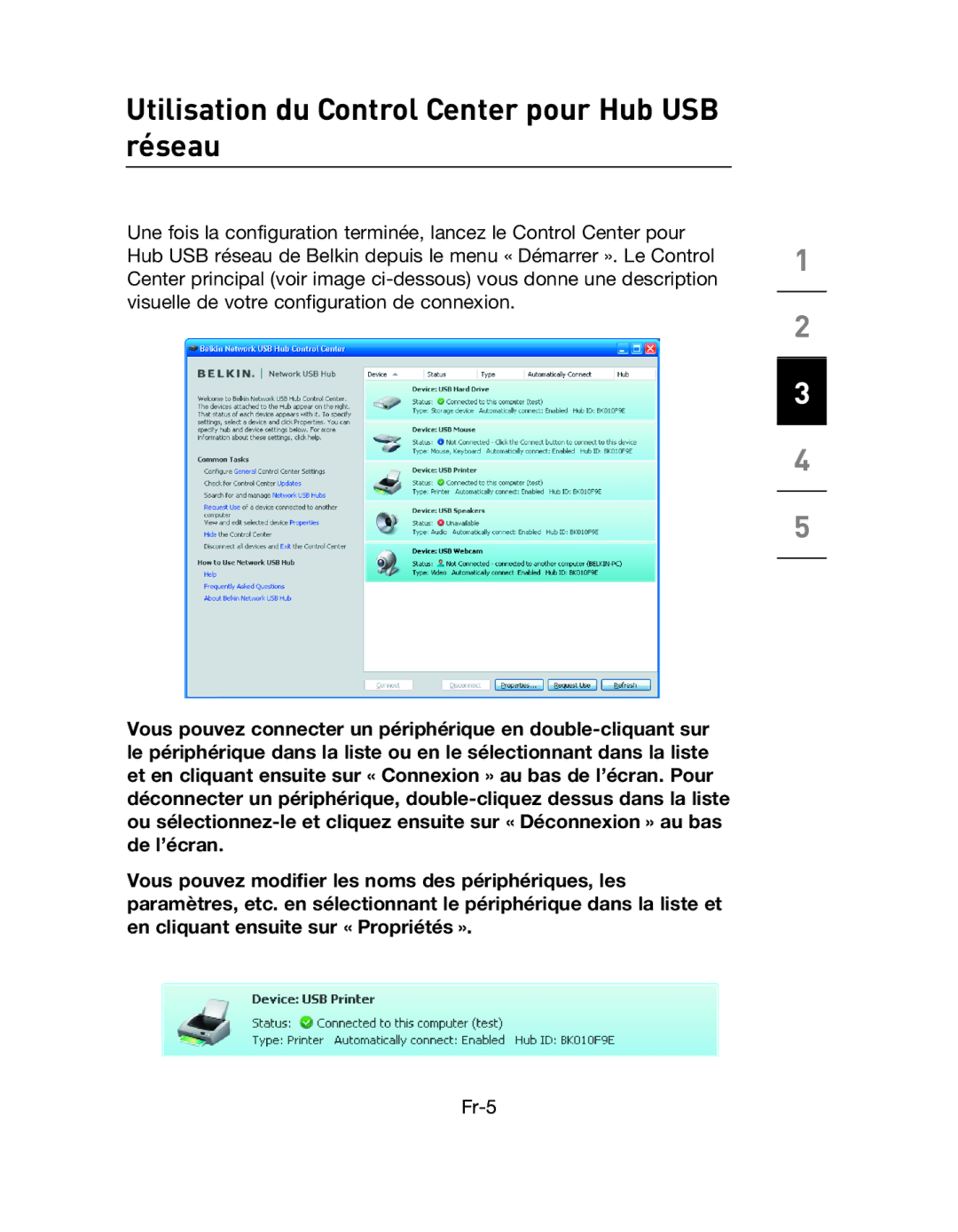 Belkin F5L009EA user manual Utilisation du Control Center pour Hub USB réseau 