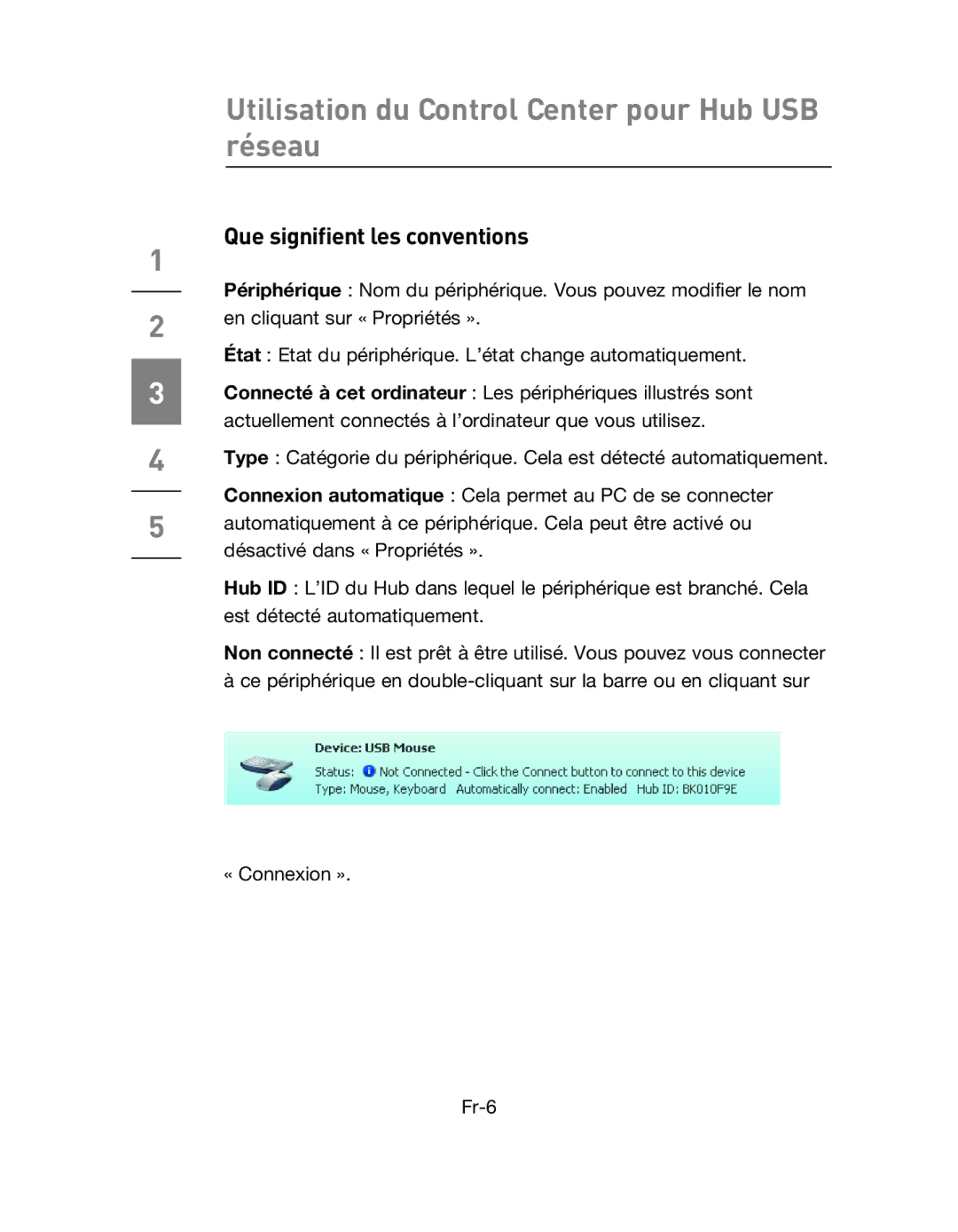 Belkin F5L009EA user manual Utilisation du Control Center pour Hub USB réseau, Que signifient les conventions 