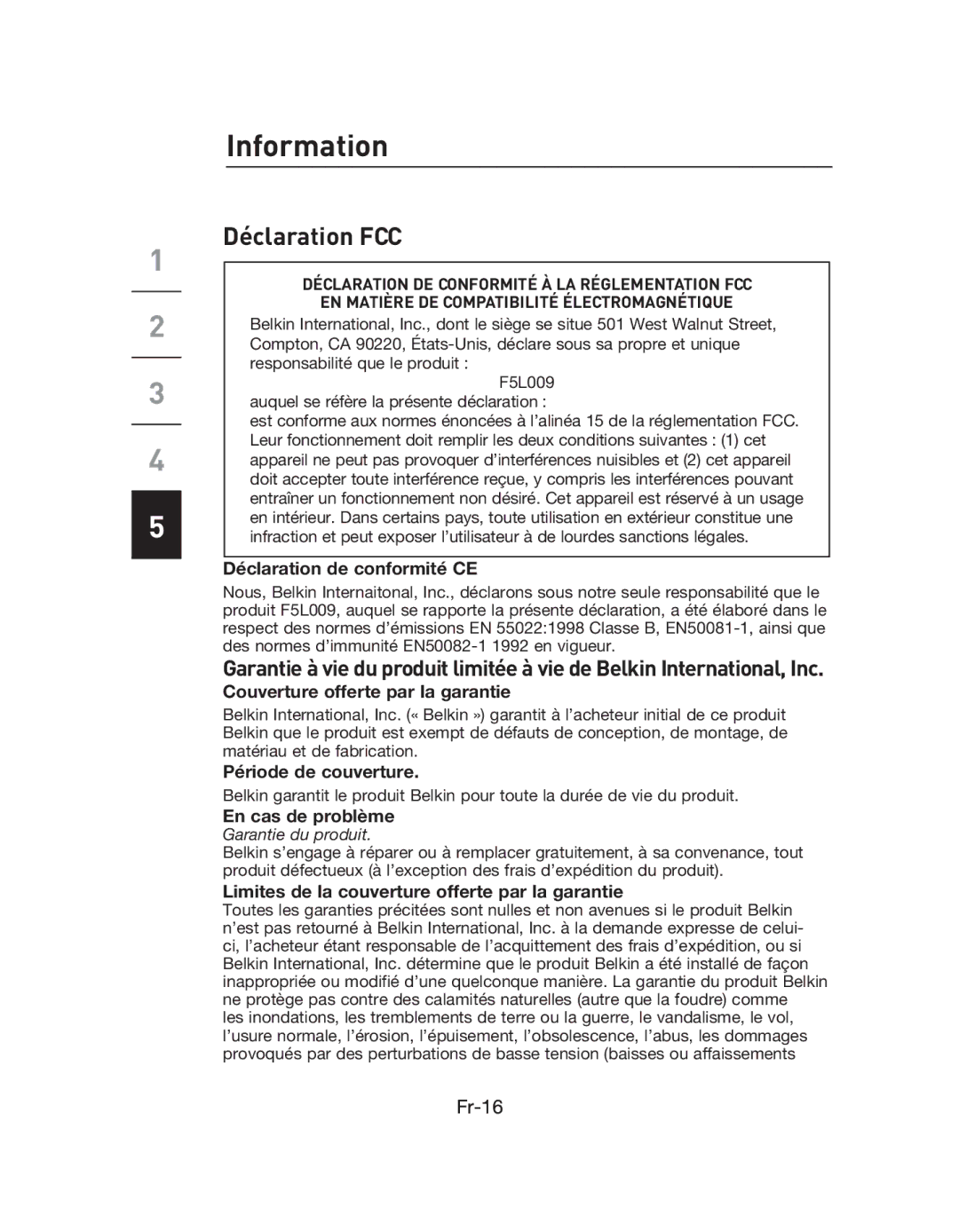 Belkin F5L009EA user manual Déclaration de conformité CE, Couverture offerte par la garantie, Période de couverture 