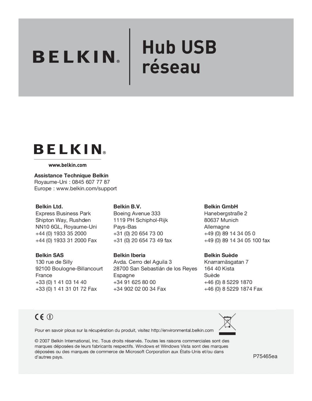 Belkin F5L009EA user manual Assistance Technique Belkin 