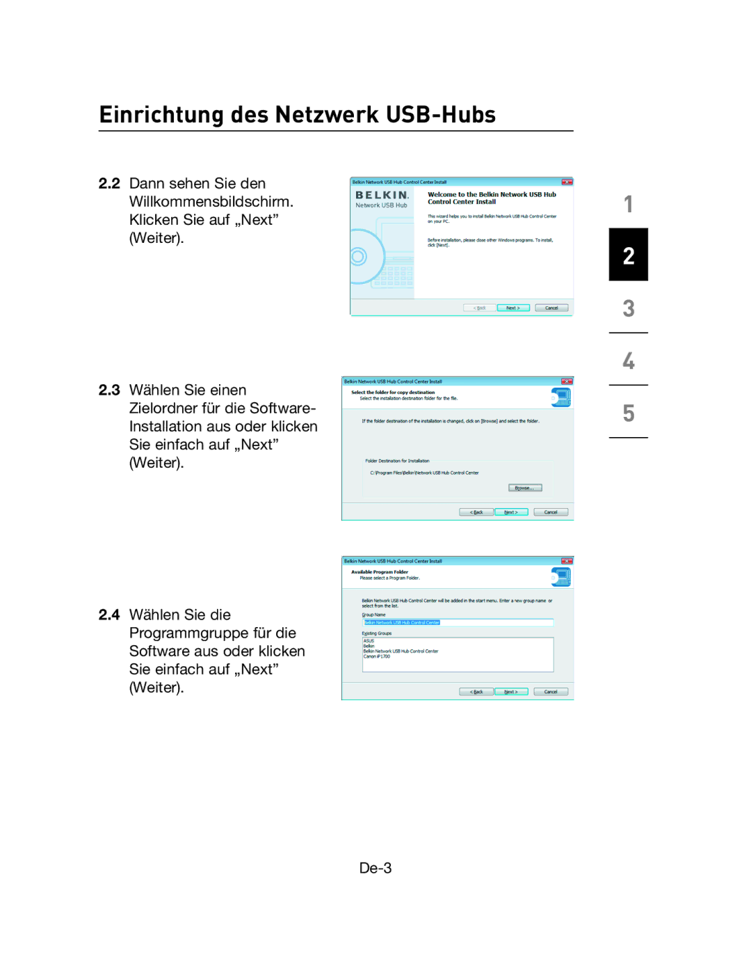 Belkin F5L009EA user manual Einrichtung des Netzwerk USB-Hubs 