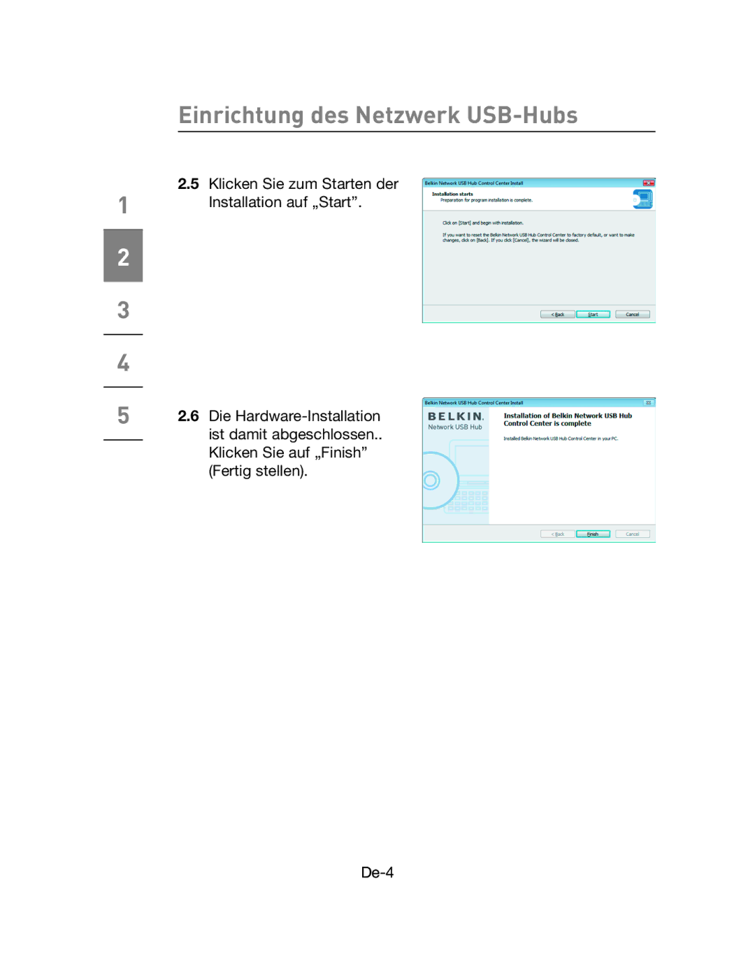 Belkin F5L009EA user manual Einrichtung des Netzwerk USB-Hubs 