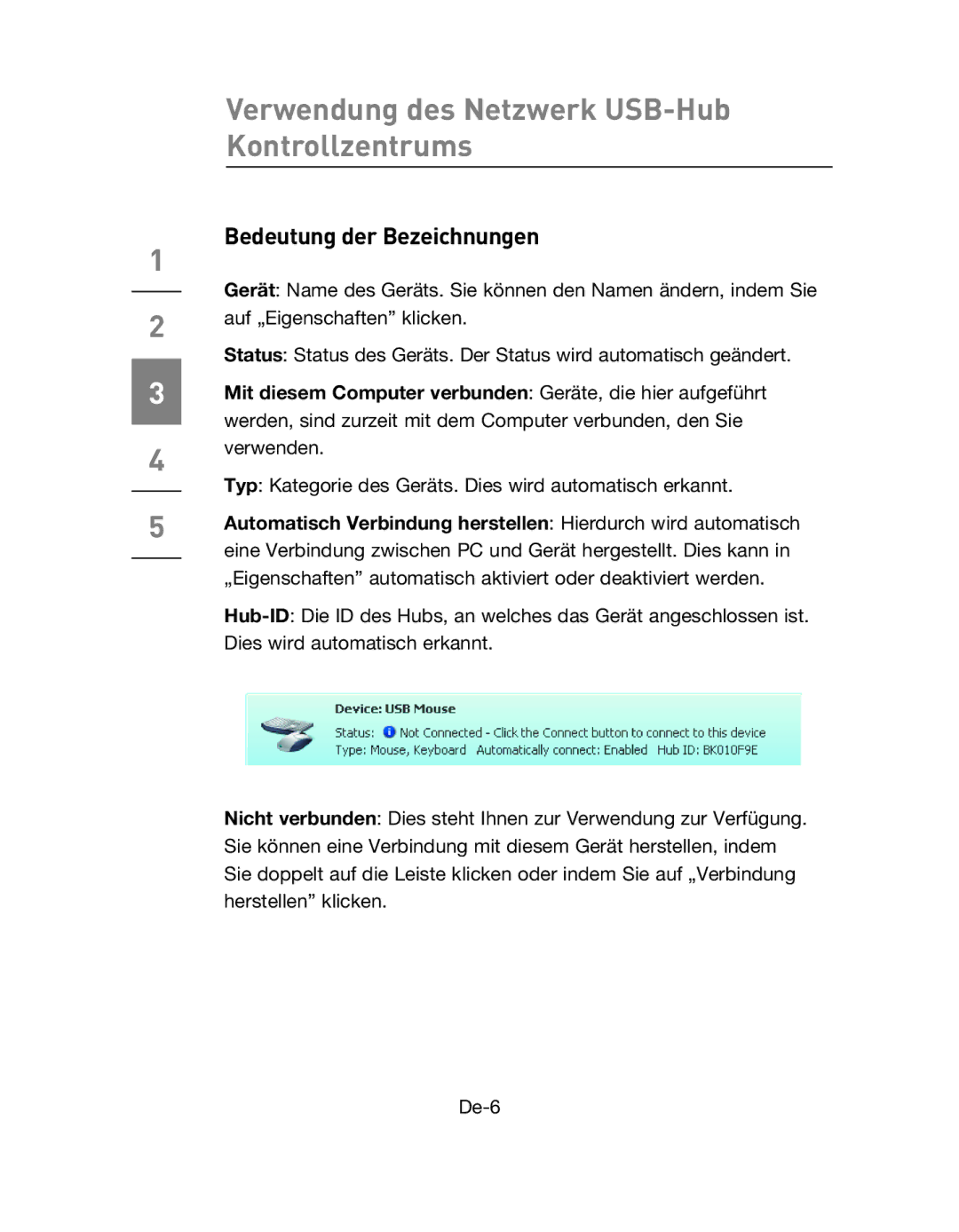 Belkin F5L009EA user manual Verwendung des Netzwerk USB-Hub Kontrollzentrums, Bedeutung der Bezeichnungen 