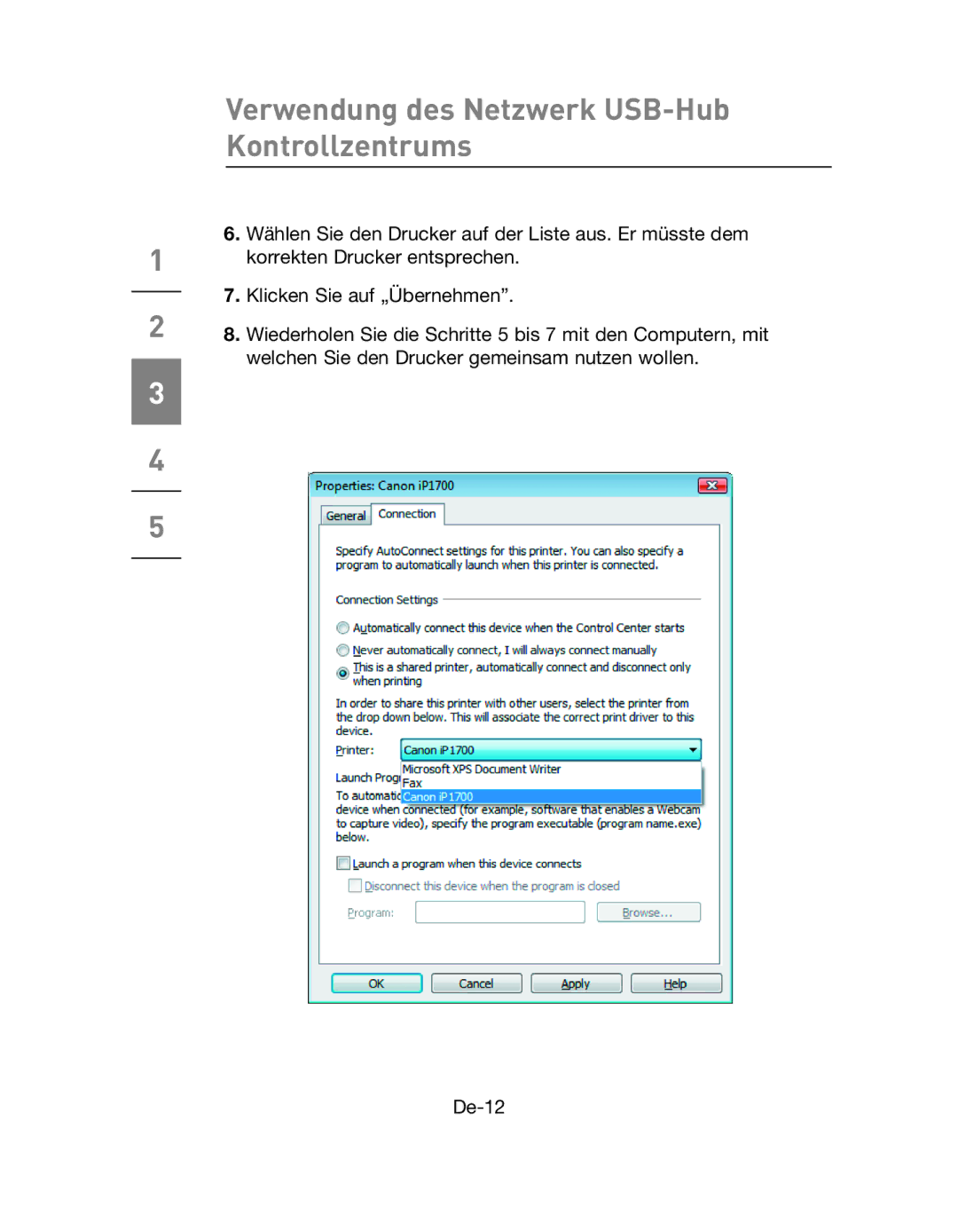 Belkin F5L009EA user manual Verwendung des Netzwerk USB-Hub Kontrollzentrums 