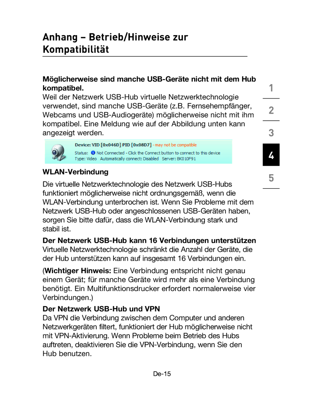 Belkin F5L009EA user manual Anhang Betrieb/Hinweise zur Kompatibilität, WLAN-Verbindung, Der Netzwerk USB-Hub und VPN 