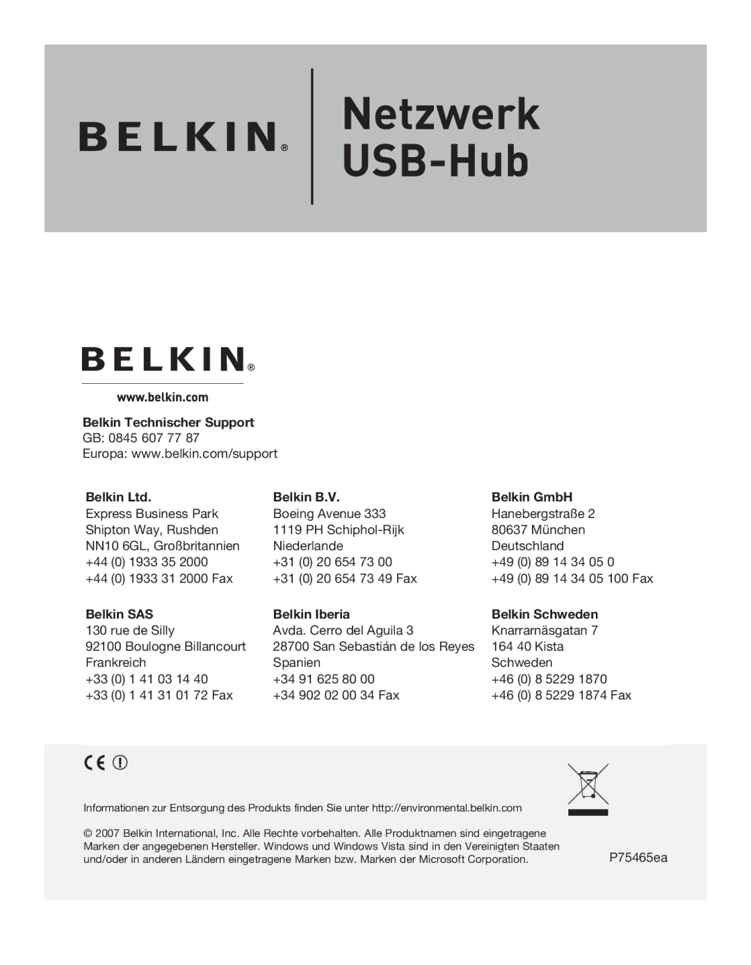 Belkin F5L009EA user manual Netzwerk USB-Hub 