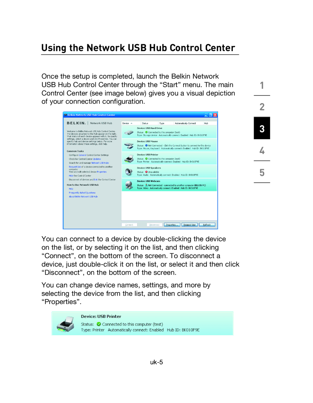 Belkin F5L009EA user manual Using the Network USB Hub Control Center 