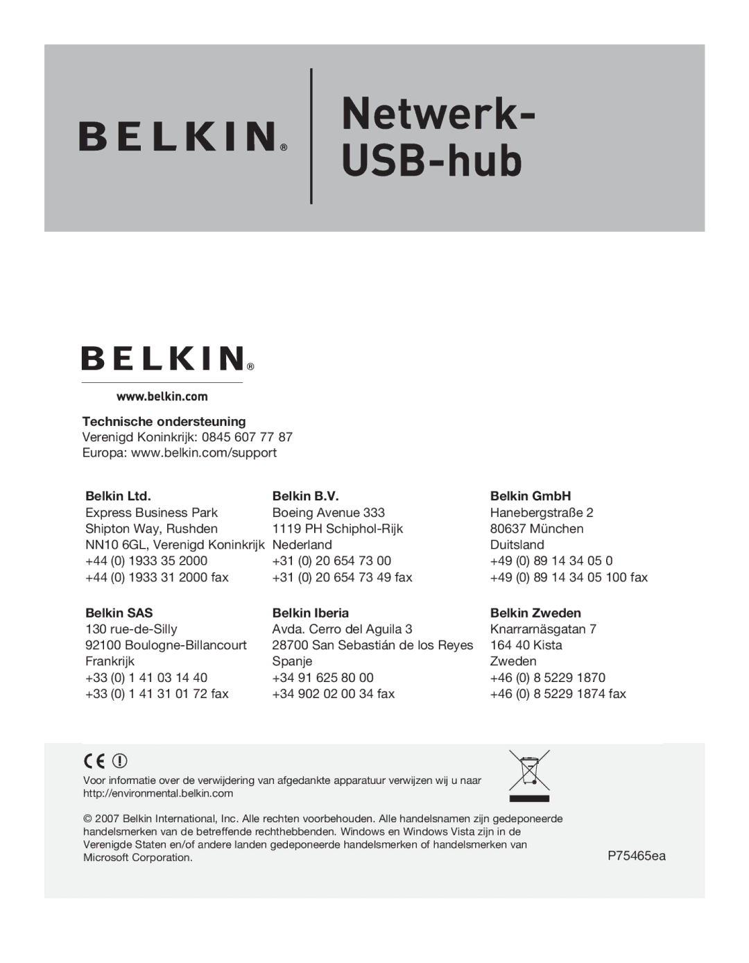 Belkin F5L009EA user manual Technische ondersteuning 