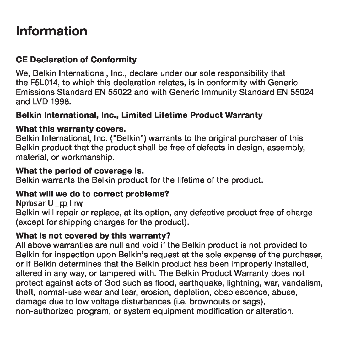Belkin F5L014 user manual Information, CE Declaration of Conformity, What the period of coverage is 