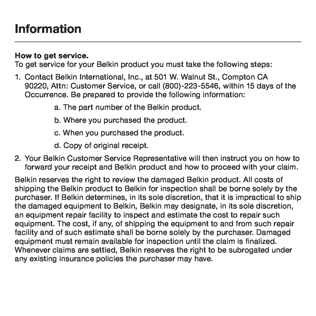 Belkin F5L014 user manual How to get service, Information 