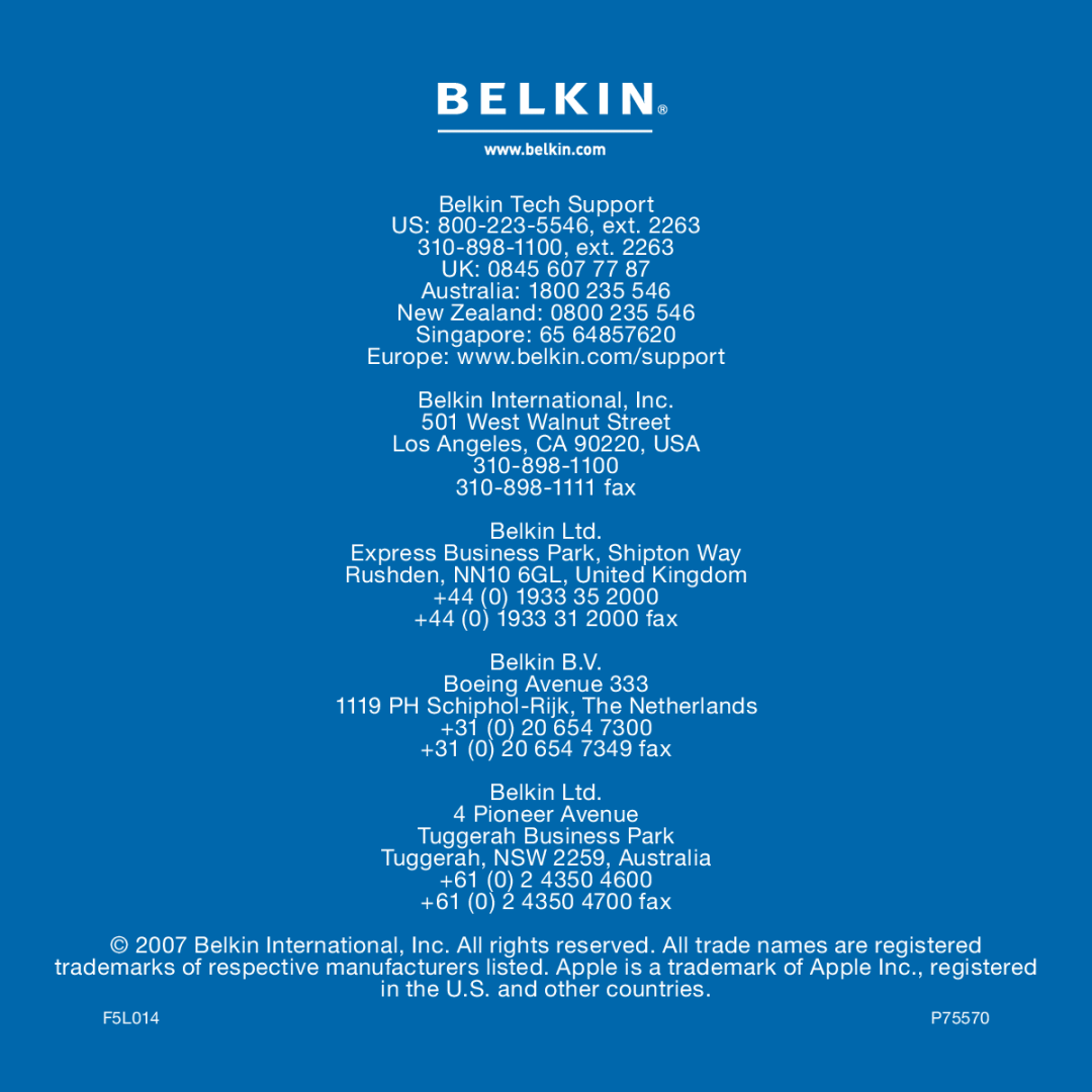 Belkin F5L014 user manual Belkin Tech Support US 800-223-5546, ext 