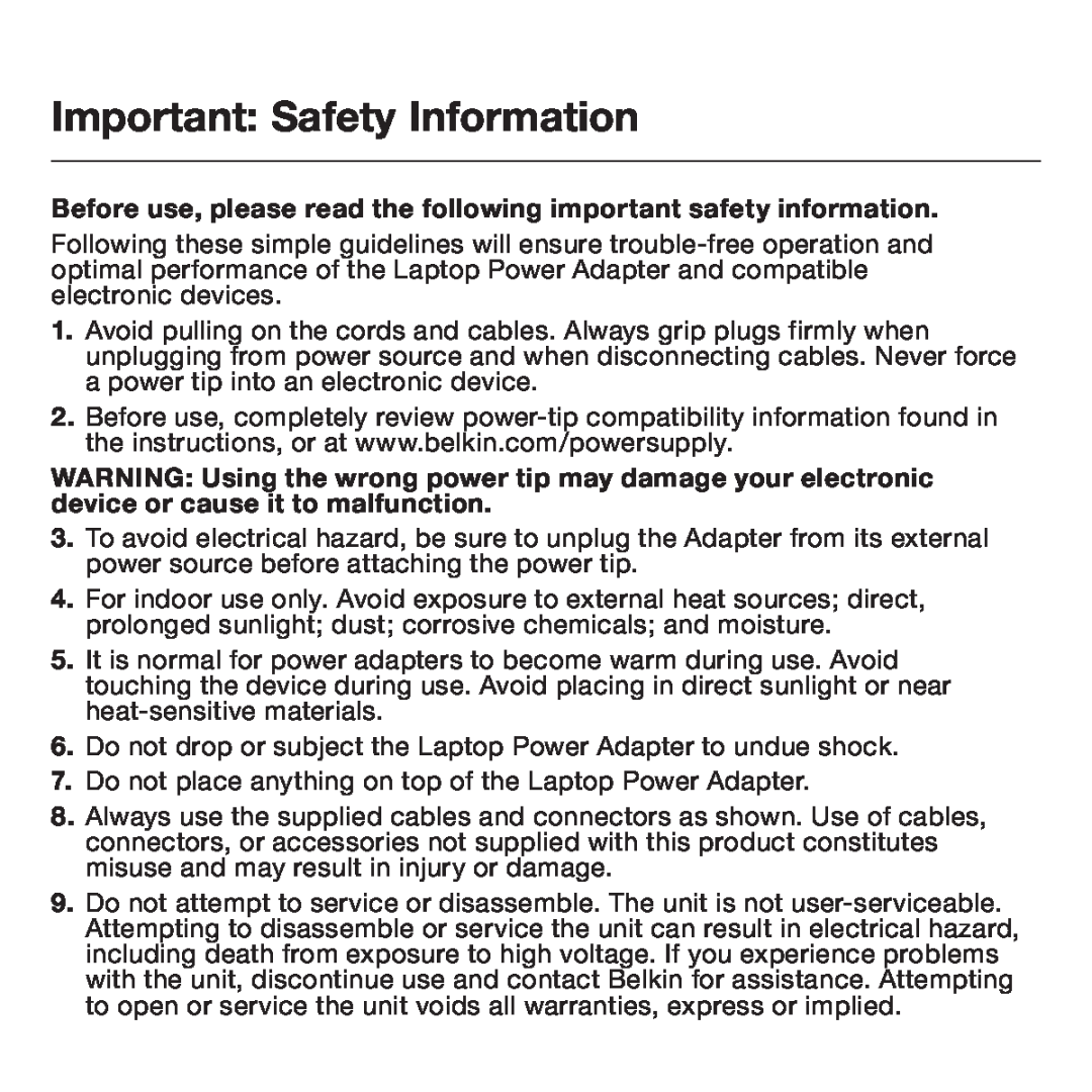 Belkin F5L014 user manual Important Safety Information, Before use, please read the following important safety information 