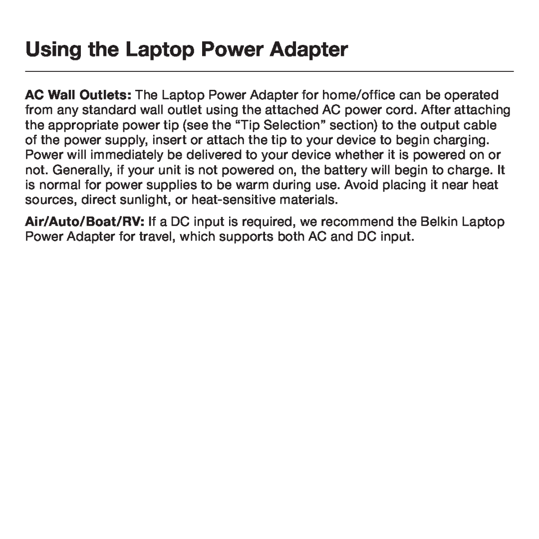 Belkin F5L014 user manual Using the Laptop Power Adapter 