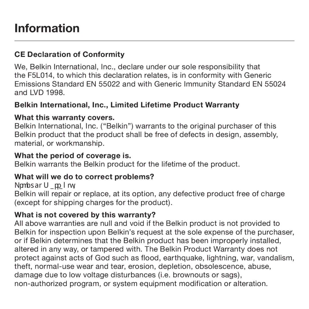 Belkin F5L014 user manual Information, CE Declaration of Conformity, What the period of coverage is 