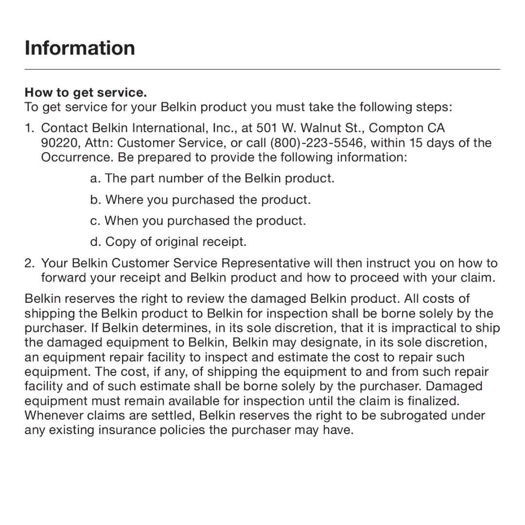 Belkin F5L014 user manual How to get service 