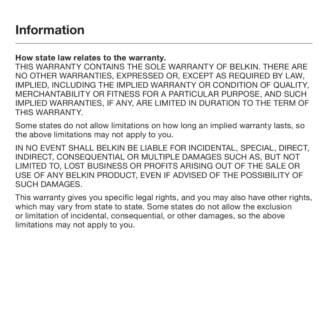 Belkin F5L014 user manual How state law relates to the warranty 