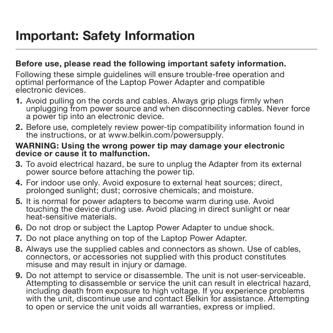 Belkin F5L014 user manual Important Safety Information 