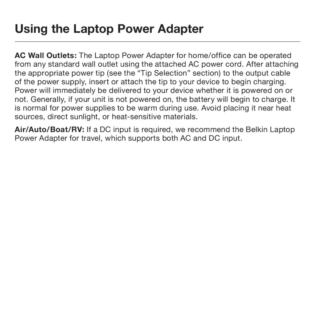 Belkin F5L014 user manual Using the Laptop Power Adapter 