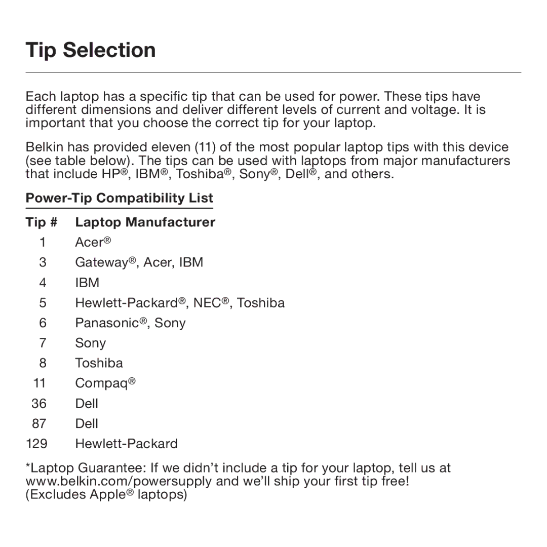 Belkin F5L014 user manual Tip Selection, Power-Tip Compatibility List Tip # Laptop Manufacturer 