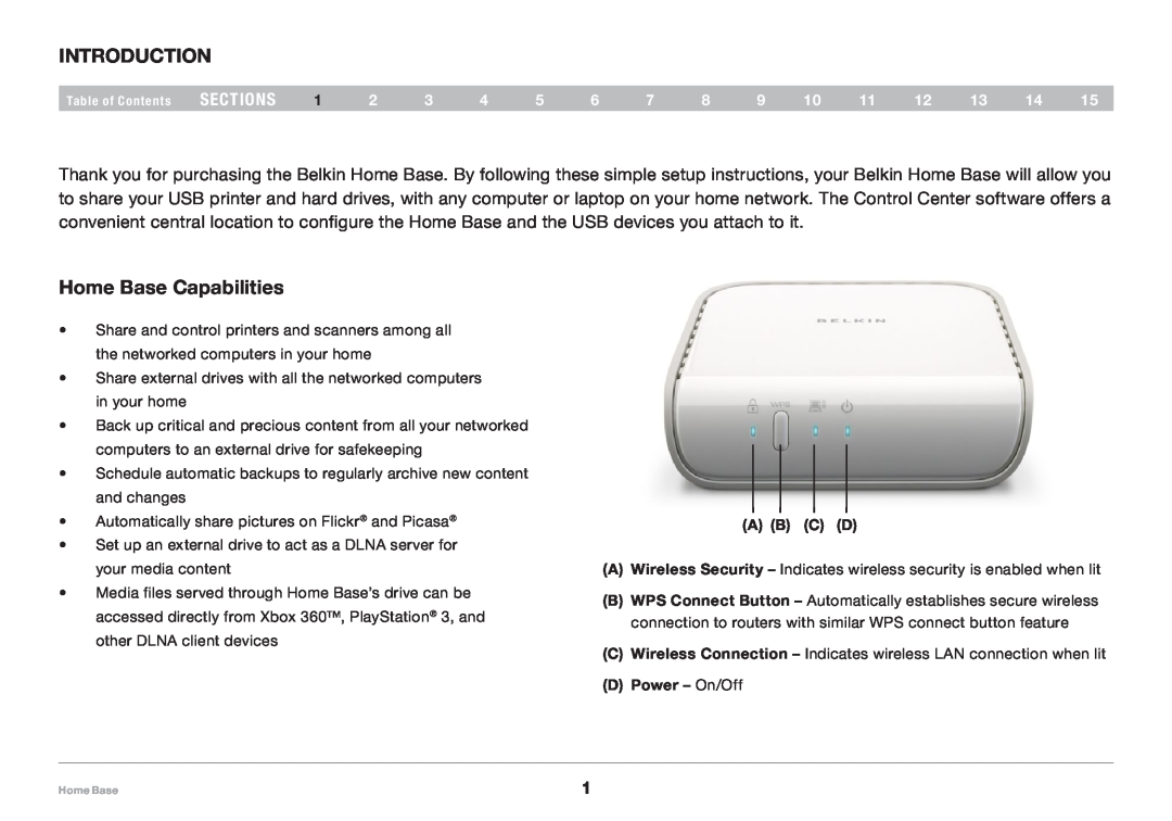 Belkin F5L049 user manual Introduction, Home Base Capabilities, A B C D, D Power - On/Off, sections 