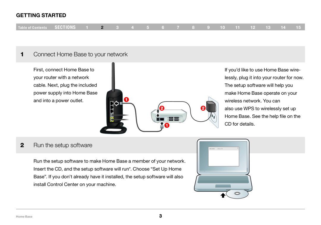 Belkin F5L049 user manual Connect Home Base to your network, Run the setup software, Getting Started, sections 