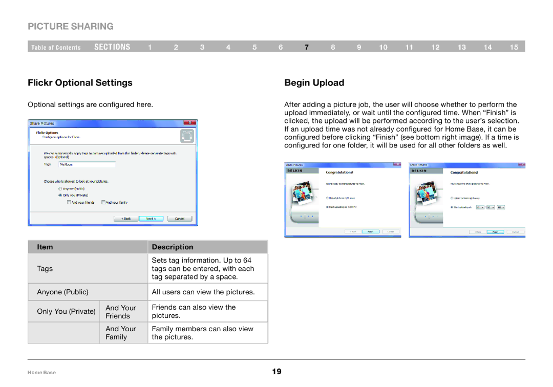 Belkin F5L049 user manual Flickr Optional Settings Begin Upload, Description 