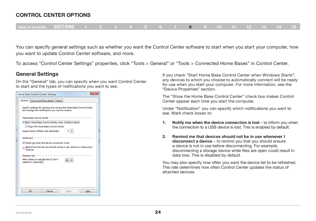 Belkin F5L049 user manual Control center options, General Settings 