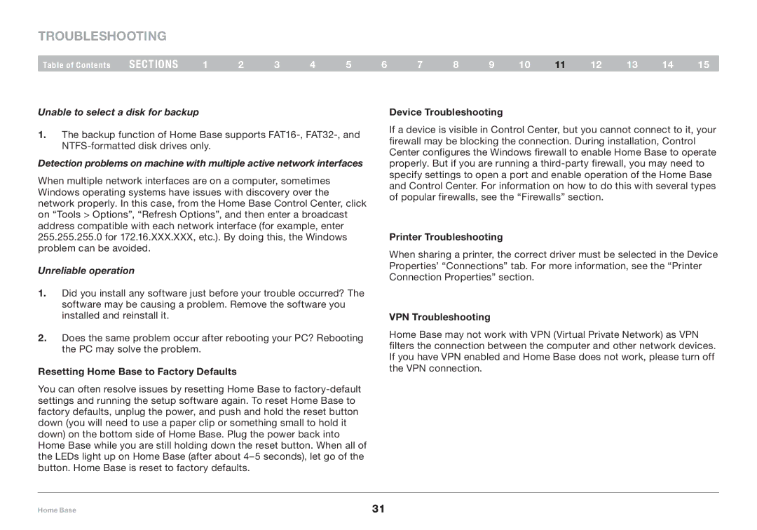 Belkin F5L049 user manual Resetting Home Base to Factory Defaults, Device Troubleshooting, Printer Troubleshooting 