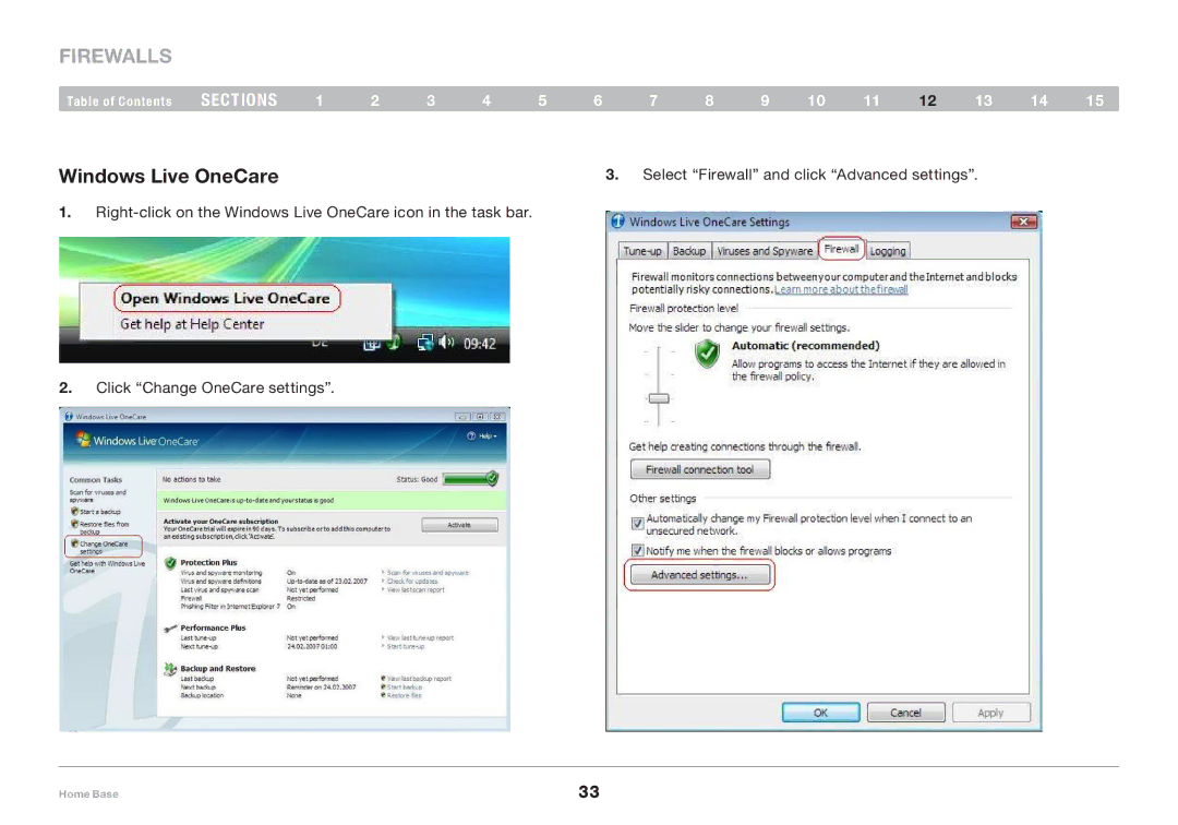 Belkin F5L049 user manual Firewalls, Windows Live OneCare 