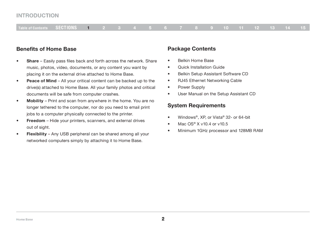 Belkin F5L049 user manual Introduction, Benefits of Home Base, Package Contents, System Requirements 