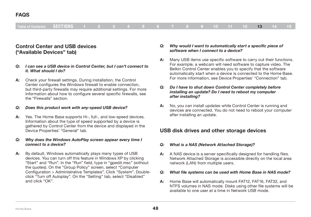 Belkin F5L049 FAQs, Control Center and USB devices Available Devices tab, USB disk drives and other storage devices 