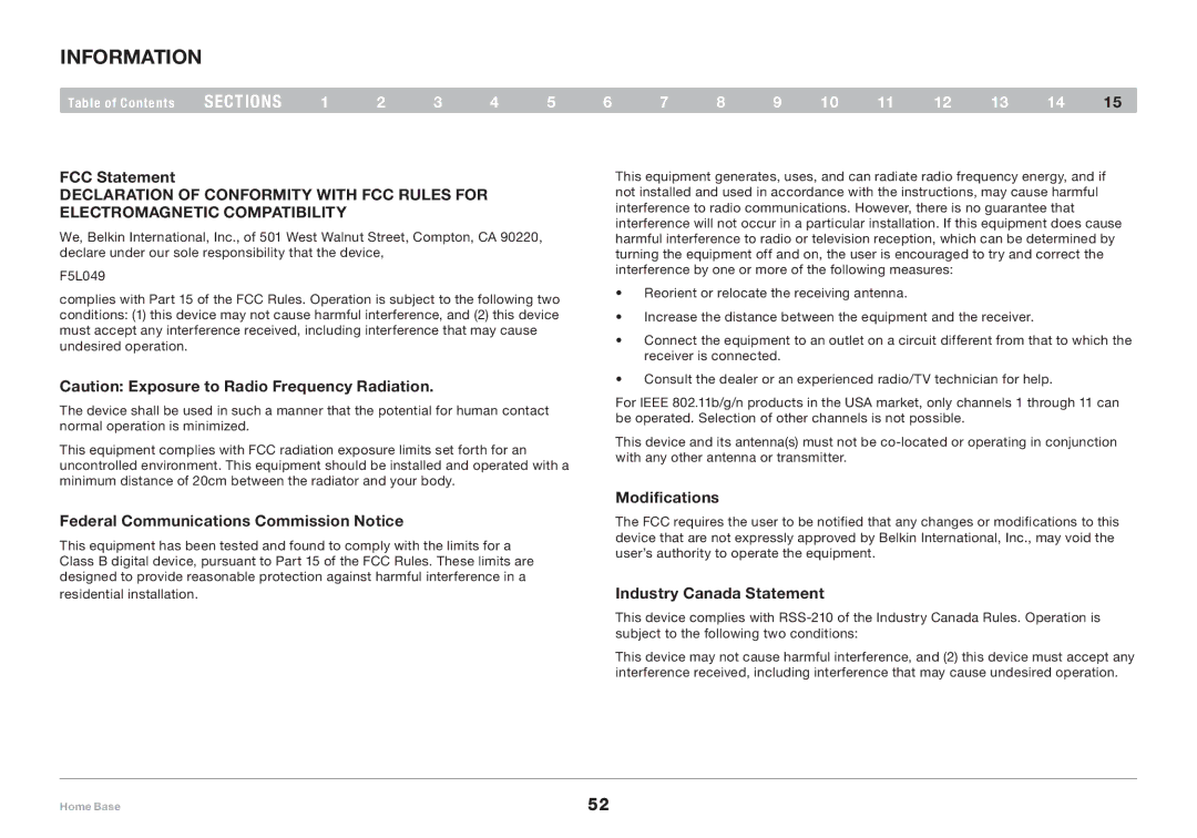 Belkin F5L049 user manual Information, FCC Statement, Federal Communications Commission Notice, Modifications 