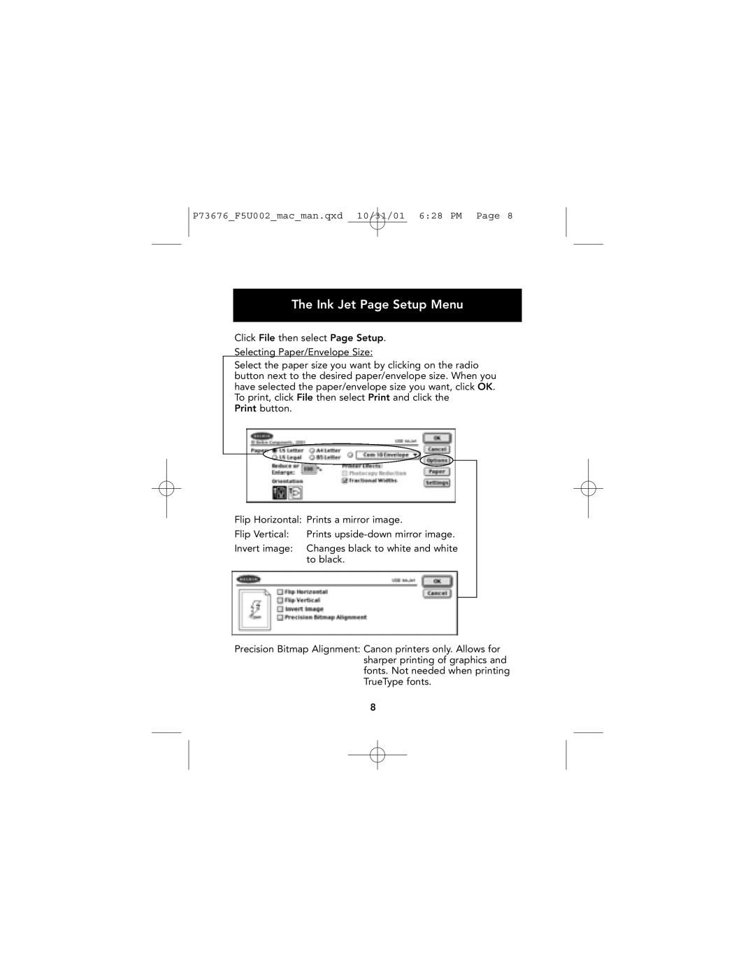 Belkin F5U002-MAC user manual Ink Jet Page Setup Menu 