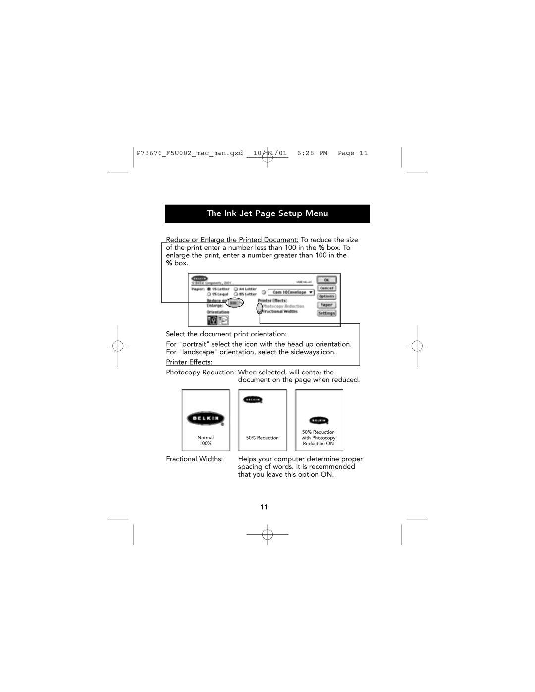 Belkin F5U002-MAC user manual Normal 50% Reduction With Photocopy 100% Reduction on 