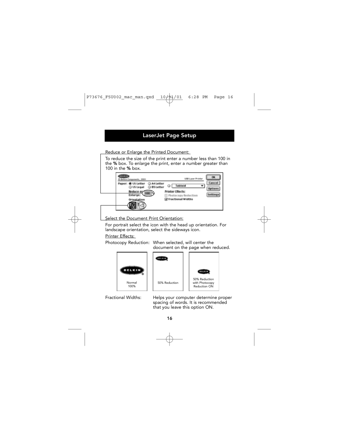 Belkin F5U002-MAC user manual Normal 50% Reduction With Photocopy 100% Reduction on 