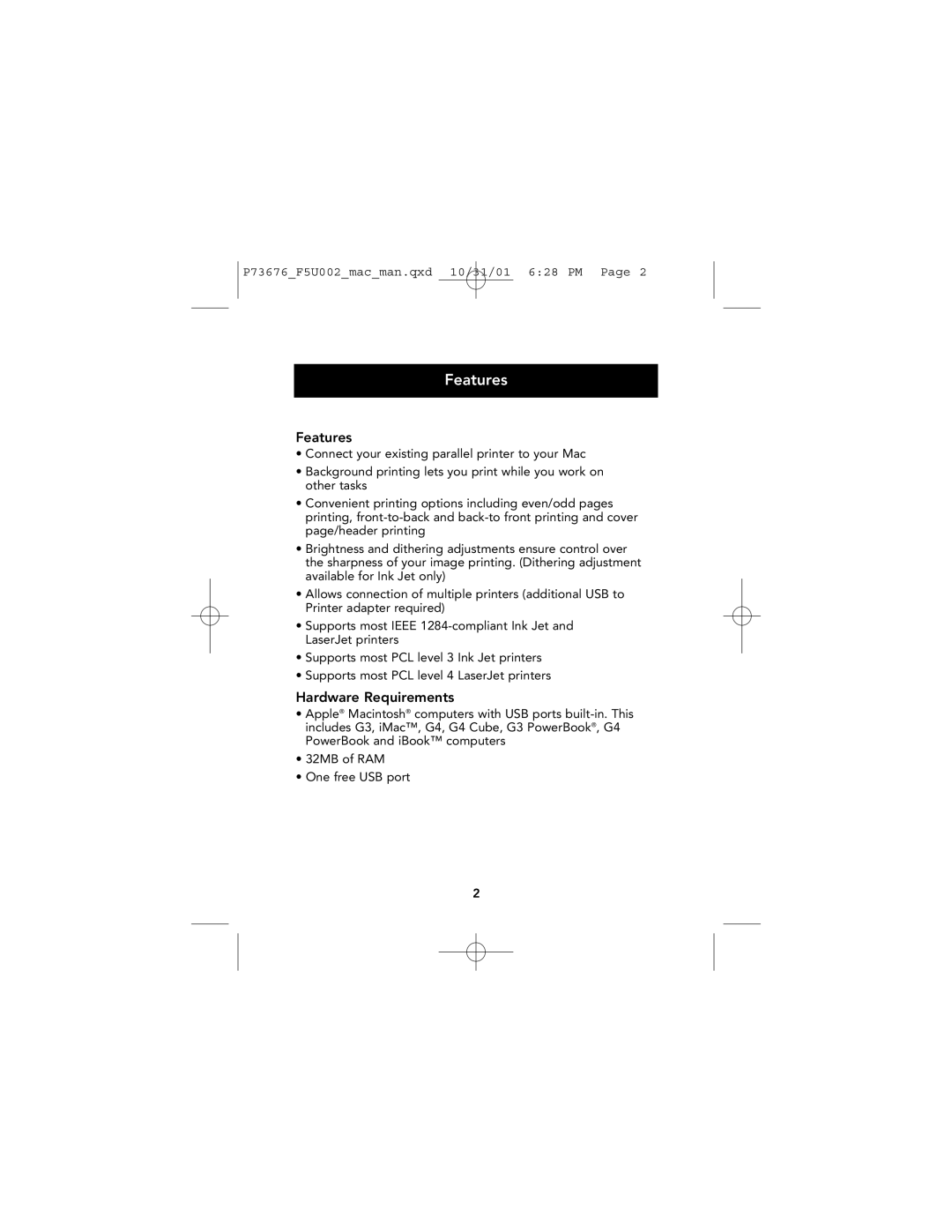 Belkin F5U002-MAC user manual Features, Hardware Requirements 