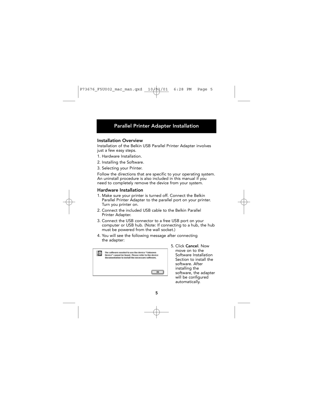 Belkin F5U002-MAC user manual Parallel Printer Adapter Installation, Installation Overview, Hardware Installation 