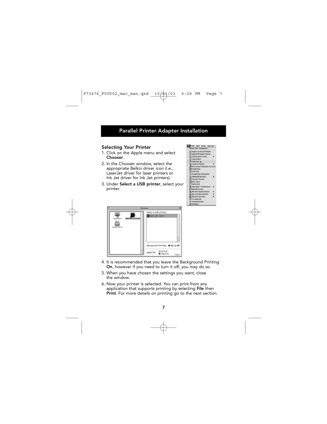 Belkin F5U002-MAC user manual Selecting Your Printer 