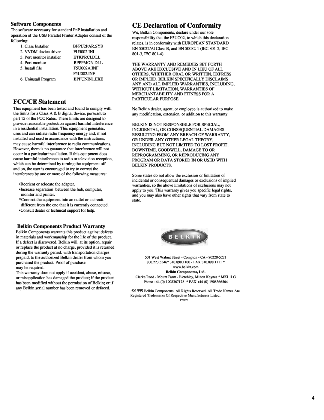 Belkin F5U002 Software Components, Belkin Components Product Warranty, CE Declaration of Conformity, FCC/CE Statement 