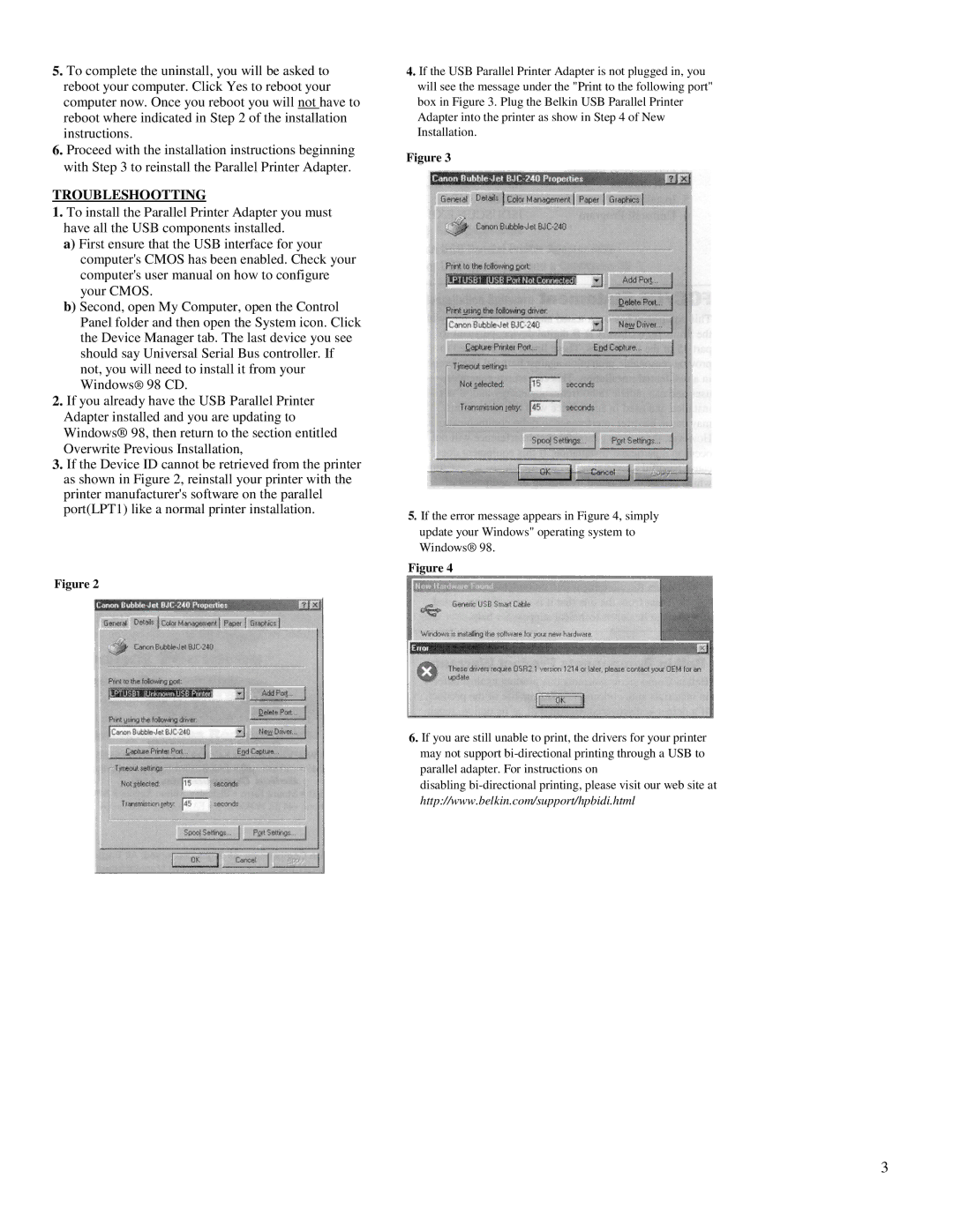 Belkin F5U002 warranty Troubleshootting 