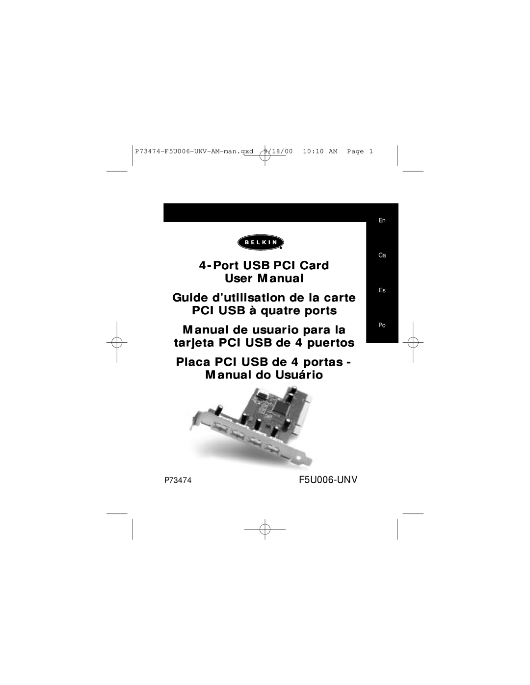 Belkin user manual P73474-F5U006-UNV-AM-man.qxd 9/18/00 1010 AM Page, PCI USB à quatre ports, P73474F5U006-UNV 