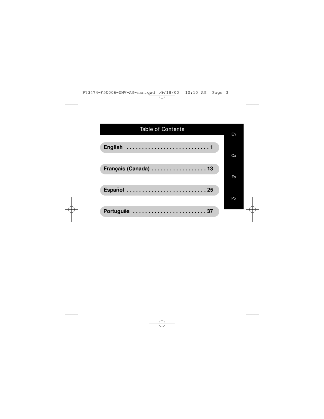 Belkin P73474, F5U006-UNV user manual Table of Contents, English, Français Canada, Español, Português 