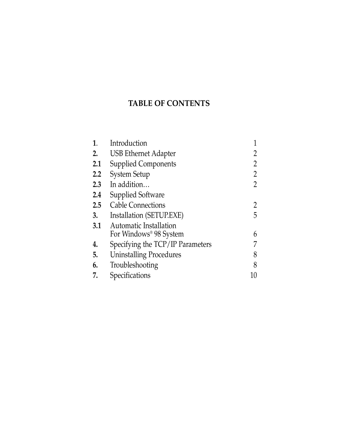 Belkin F5U011 user manual Table of Contents 