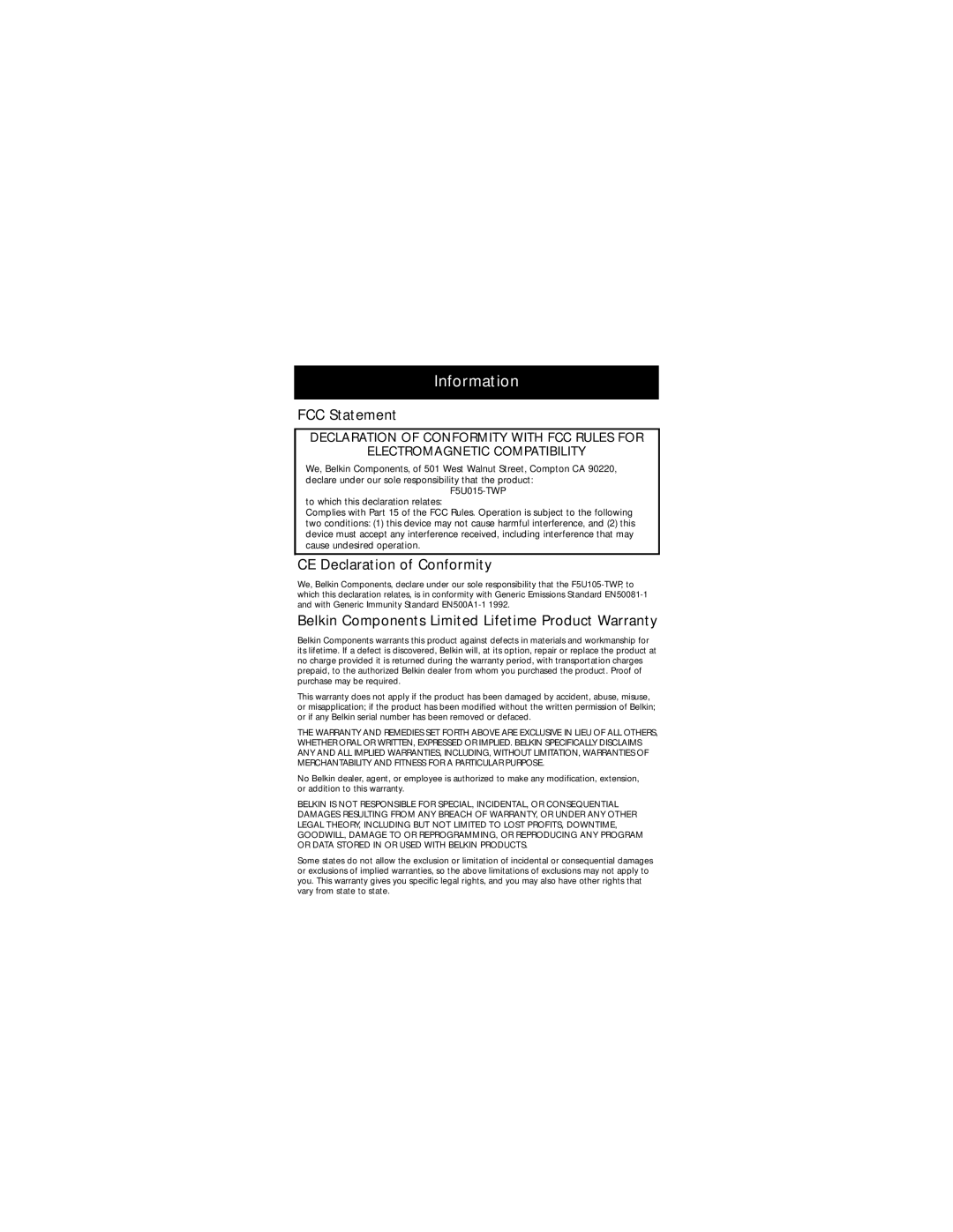 Belkin F5U015-TPW manual Information, FCC Statement, CE Declaration of Conformity 