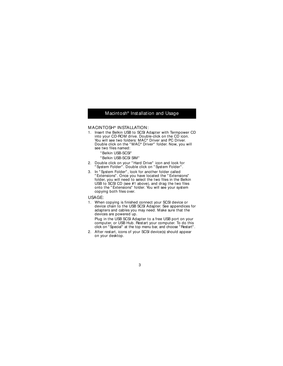 Belkin F5U015-TPW manual Macintosh Installation and Usage 