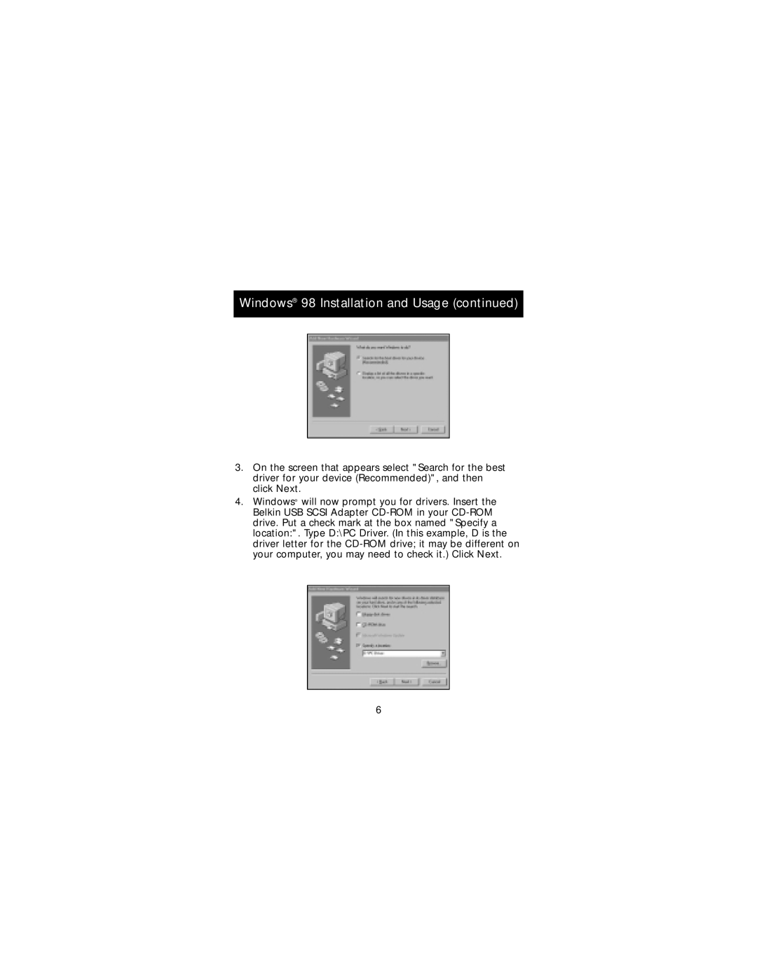 Belkin F5U015-TPW manual Windows 98 Installation and Usage continued 