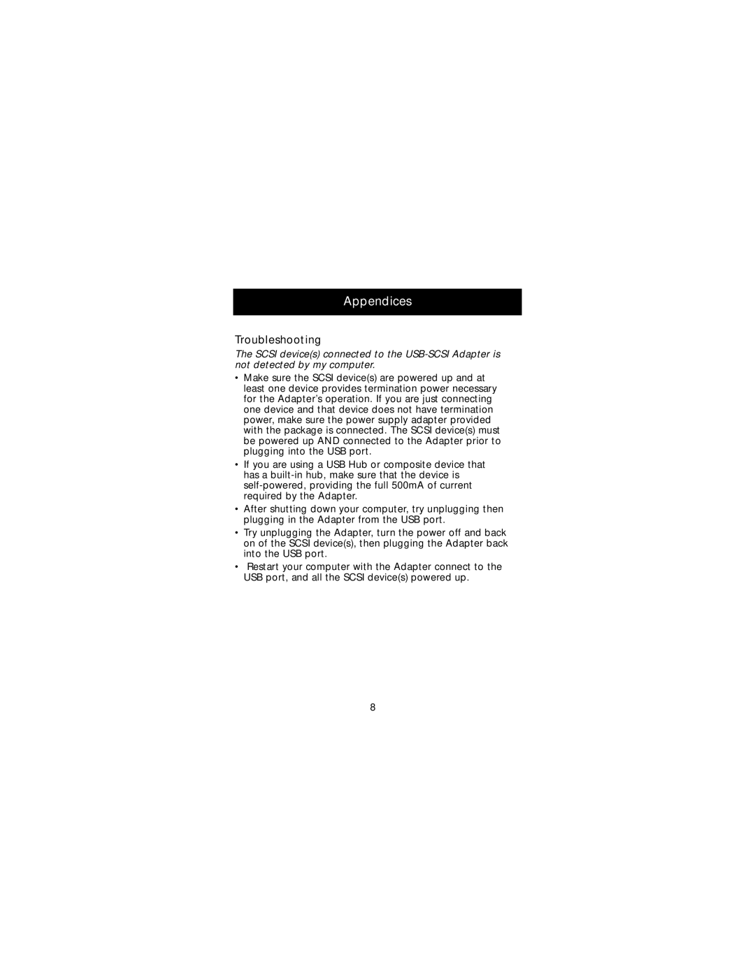 Belkin F5U015-TPW manual Appendices, Troubleshooting 