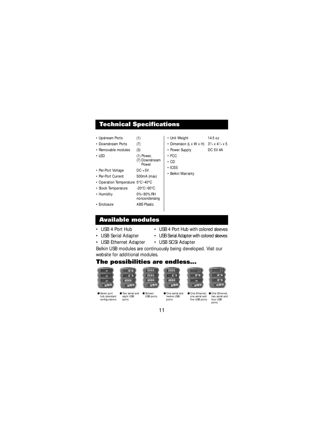 Belkin F5U100-BLU, F5U100-SLV, F5U100-ORG user manual Technical Specifications, Available modules 